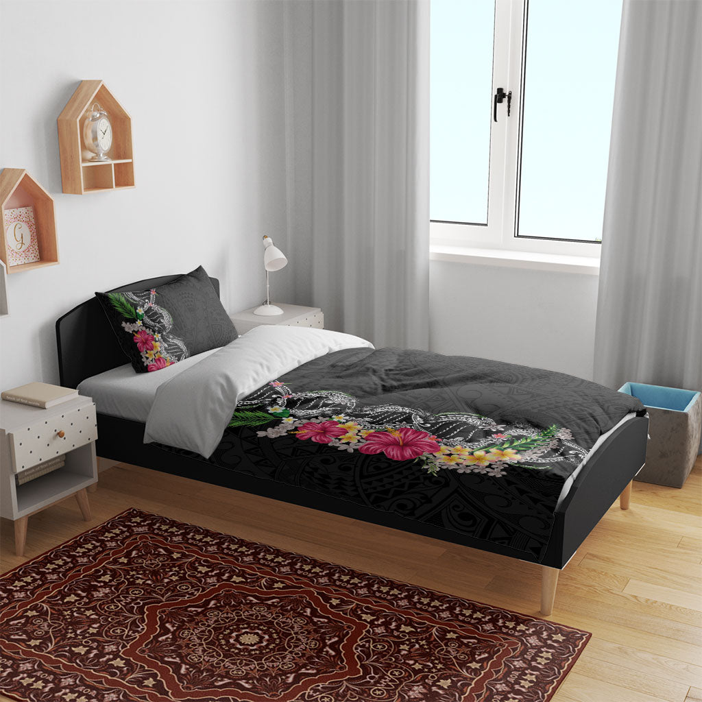 Hawaii DNA Kakau Tattoo Bedding Set with Plumeria and Hibiscus Tropical Plants Black Color LT03 - Polynesian Pride