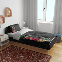 Hawaii DNA Kakau Tattoo Bedding Set with Plumeria and Hibiscus Tropical Plants Black Color LT03 - Polynesian Pride