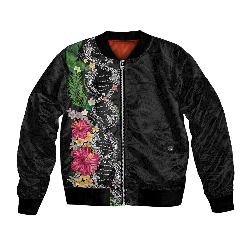 Hawaii DNA Kakau Tattoo Bomber Jacket with Plumeria and Hibiscus Tropical Plants Black Color