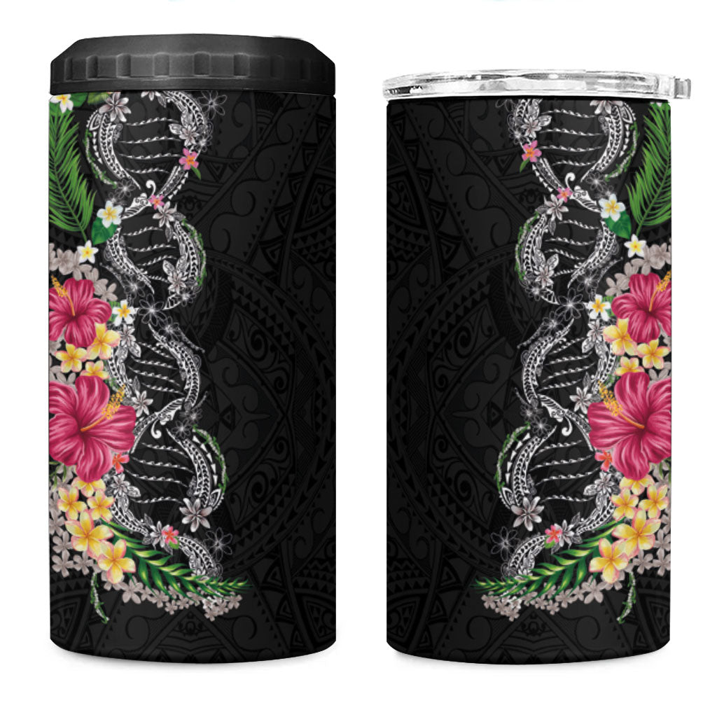 Hawaii DNA Kakau Tattoo 4 in 1 Can Cooler Tumbler with Plumeria and Hibiscus Tropical Plants Black Color LT03 One Size: 16 oz Black - Polynesian Pride