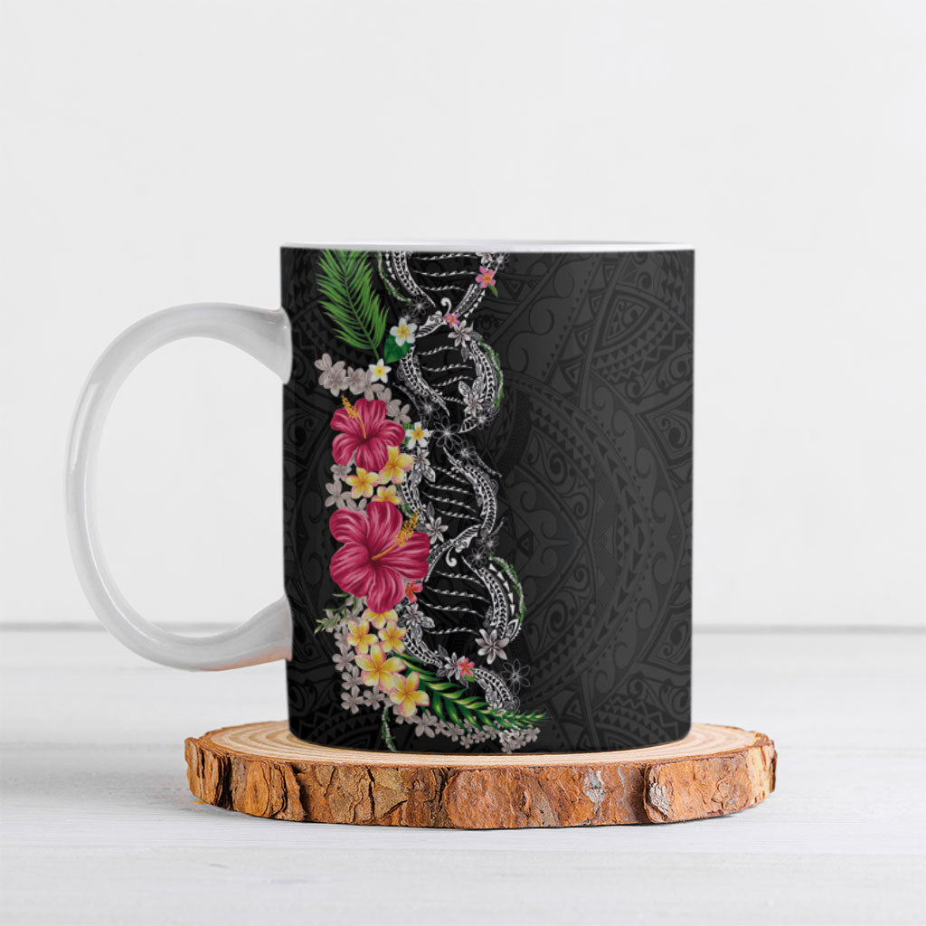 Hawaii DNA Kakau Tattoo Ceramic Mug with Plumeria and Hibiscus Tropical Plants Black Color LT03 Black - Polynesian Pride