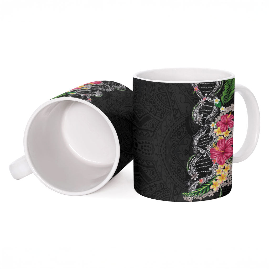 Hawaii DNA Kakau Tattoo Ceramic Mug with Plumeria and Hibiscus Tropical Plants Black Color LT03 - Polynesian Pride