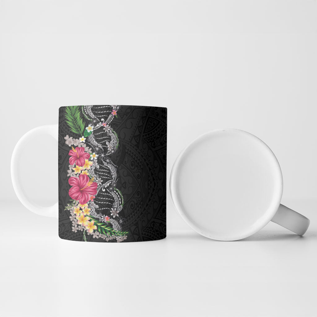 Hawaii DNA Kakau Tattoo Ceramic Mug with Plumeria and Hibiscus Tropical Plants Black Color LT03 - Polynesian Pride