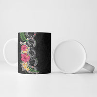 Hawaii DNA Kakau Tattoo Ceramic Mug with Plumeria and Hibiscus Tropical Plants Black Color LT03 - Polynesian Pride