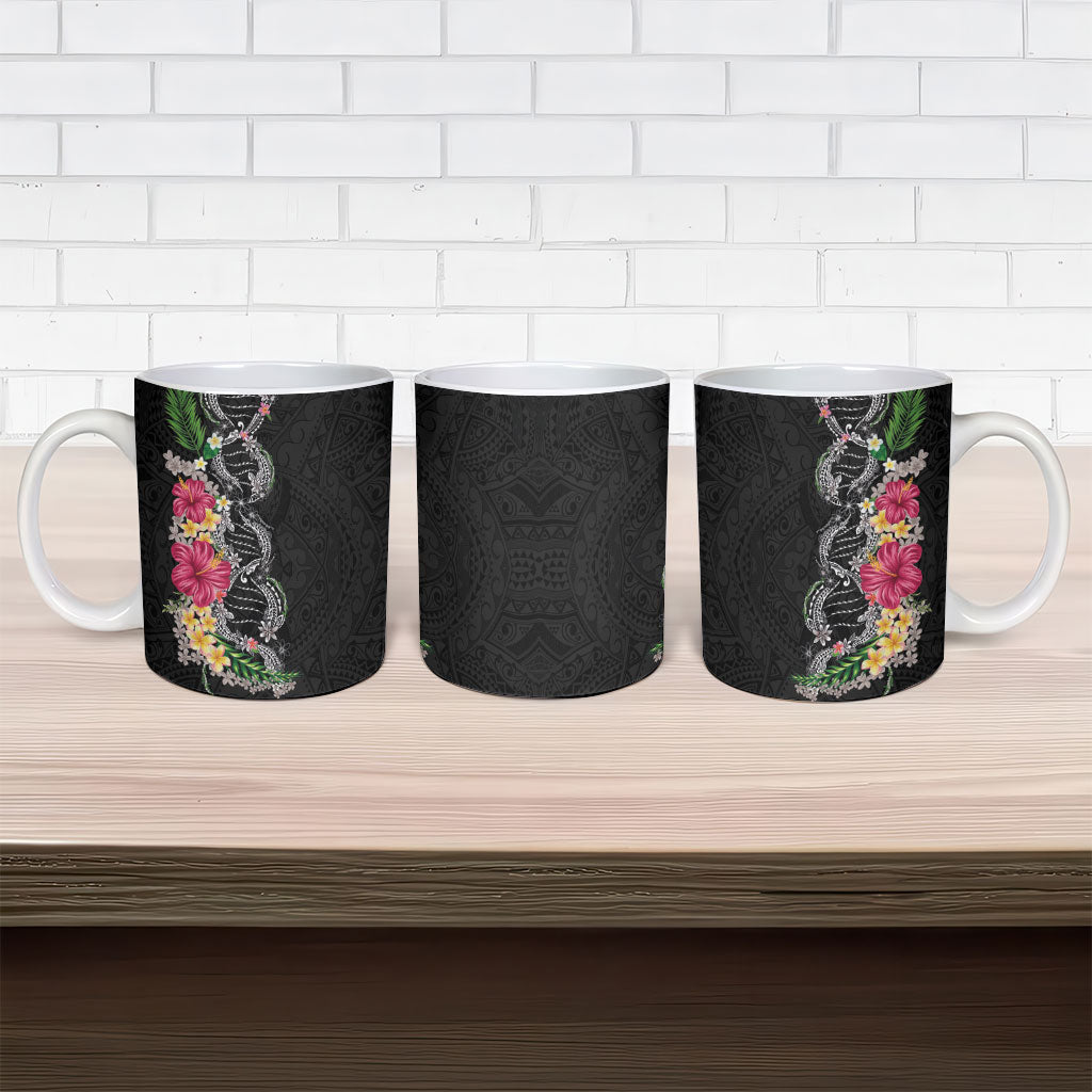 Hawaii DNA Kakau Tattoo Ceramic Mug with Plumeria and Hibiscus Tropical Plants Black Color LT03 - Polynesian Pride