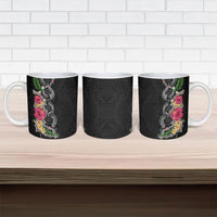 Hawaii DNA Kakau Tattoo Ceramic Mug with Plumeria and Hibiscus Tropical Plants Black Color LT03 - Polynesian Pride