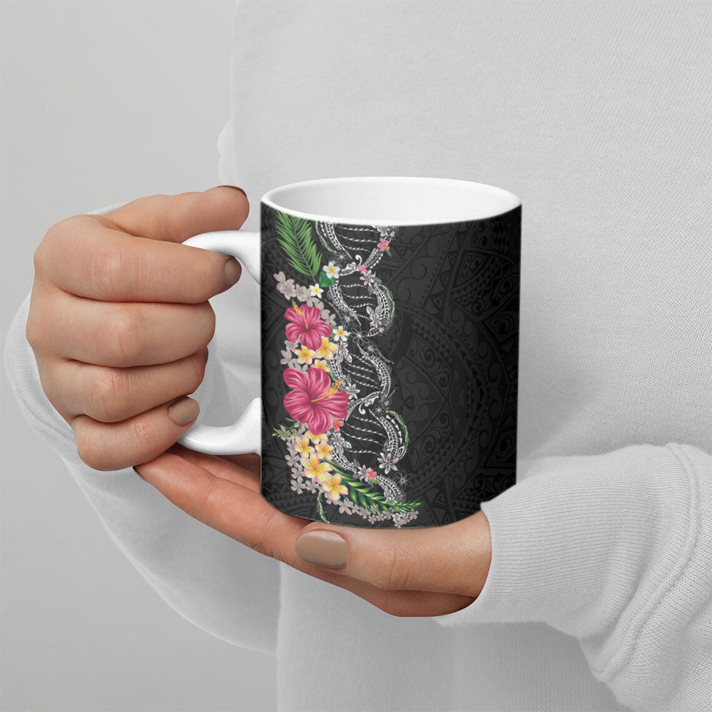 Hawaii DNA Kakau Tattoo Ceramic Mug with Plumeria and Hibiscus Tropical Plants Black Color LT03 - Polynesian Pride