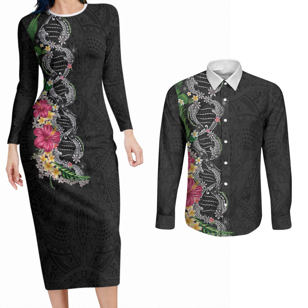 Hawaii DNA Kakau Tattoo Couples Matching Long Sleeve Bodycon Dress and Long Sleeve Button Shirt with Plumeria and Hibiscus Tropical Plants Black Color LT03 Black - Polynesian Pride