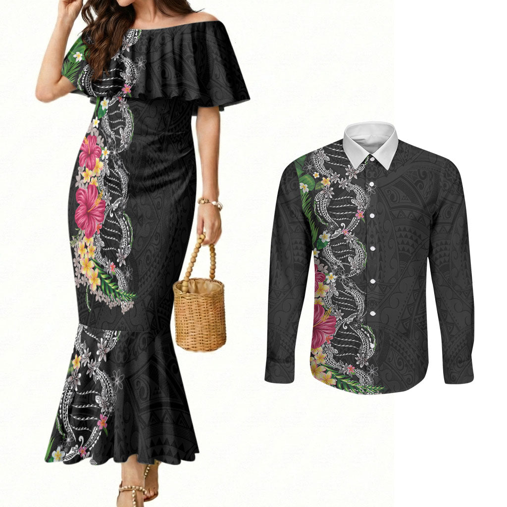 Hawaii DNA Kakau Tattoo Couples Matching Mermaid Dress and Long Sleeve Button Shirt with Plumeria and Hibiscus Tropical Plants Black Color LT03 Black - Polynesian Pride