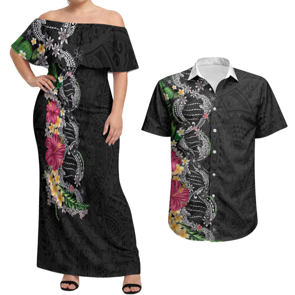 Hawaii DNA Kakau Tattoo Couples Matching Off Shoulder Maxi Dress and Hawaiian Shirt with Plumeria and Hibiscus Tropical Plants Black Color LT03 Black - Polynesian Pride