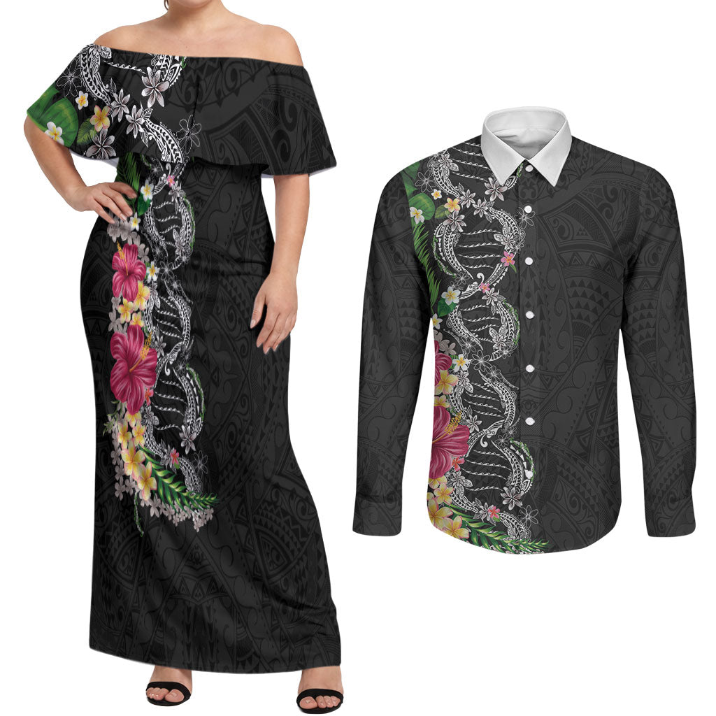 Hawaii DNA Kakau Tattoo Couples Matching Off Shoulder Maxi Dress and Long Sleeve Button Shirt with Plumeria and Hibiscus Tropical Plants Black Color LT03 Black - Polynesian Pride