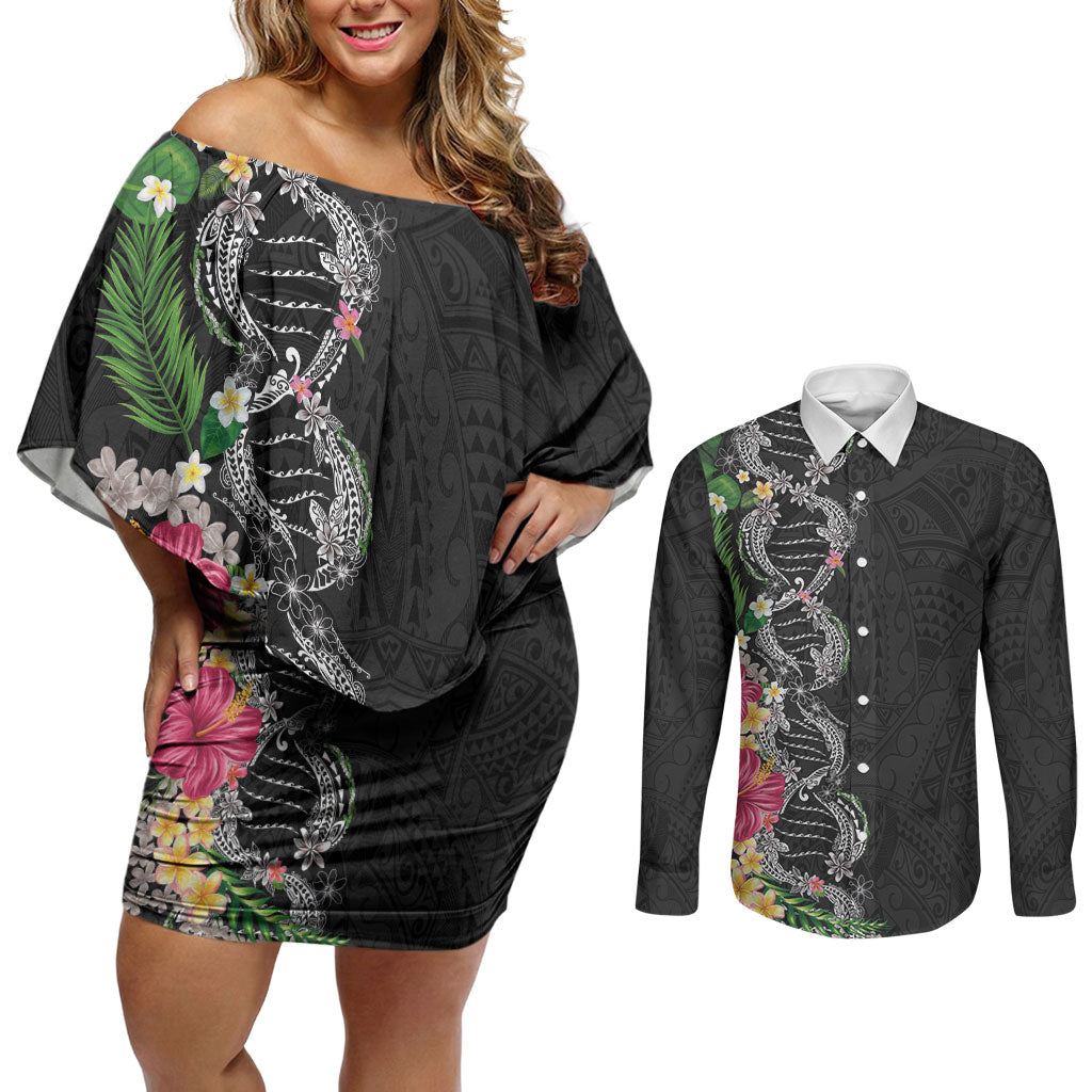 Hawaii DNA Kakau Tattoo Couples Matching Off Shoulder Short Dress and Long Sleeve Button Shirt with Plumeria and Hibiscus Tropical Plants Black Color LT03 Black - Polynesian Pride