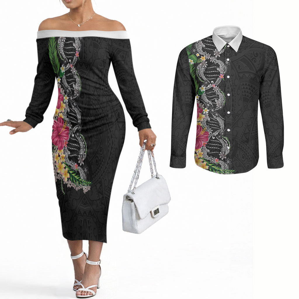 Hawaii DNA Kakau Tattoo Couples Matching Off The Shoulder Long Sleeve Dress and Long Sleeve Button Shirt with Plumeria and Hibiscus Tropical Plants Black Color LT03 Black - Polynesian Pride