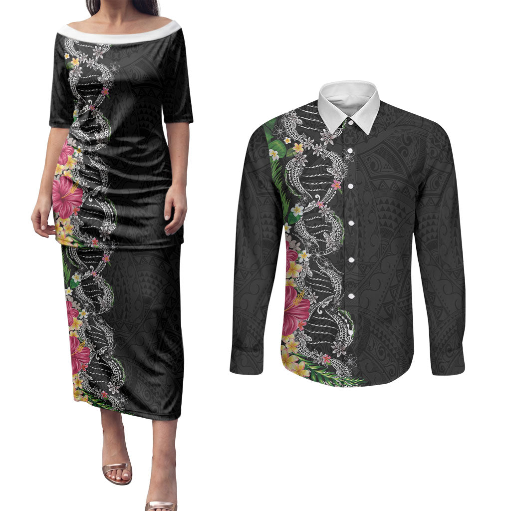Hawaii DNA Kakau Tattoo Couples Matching Puletasi and Long Sleeve Button Shirt with Plumeria and Hibiscus Tropical Plants Black Color LT03 Black - Polynesian Pride