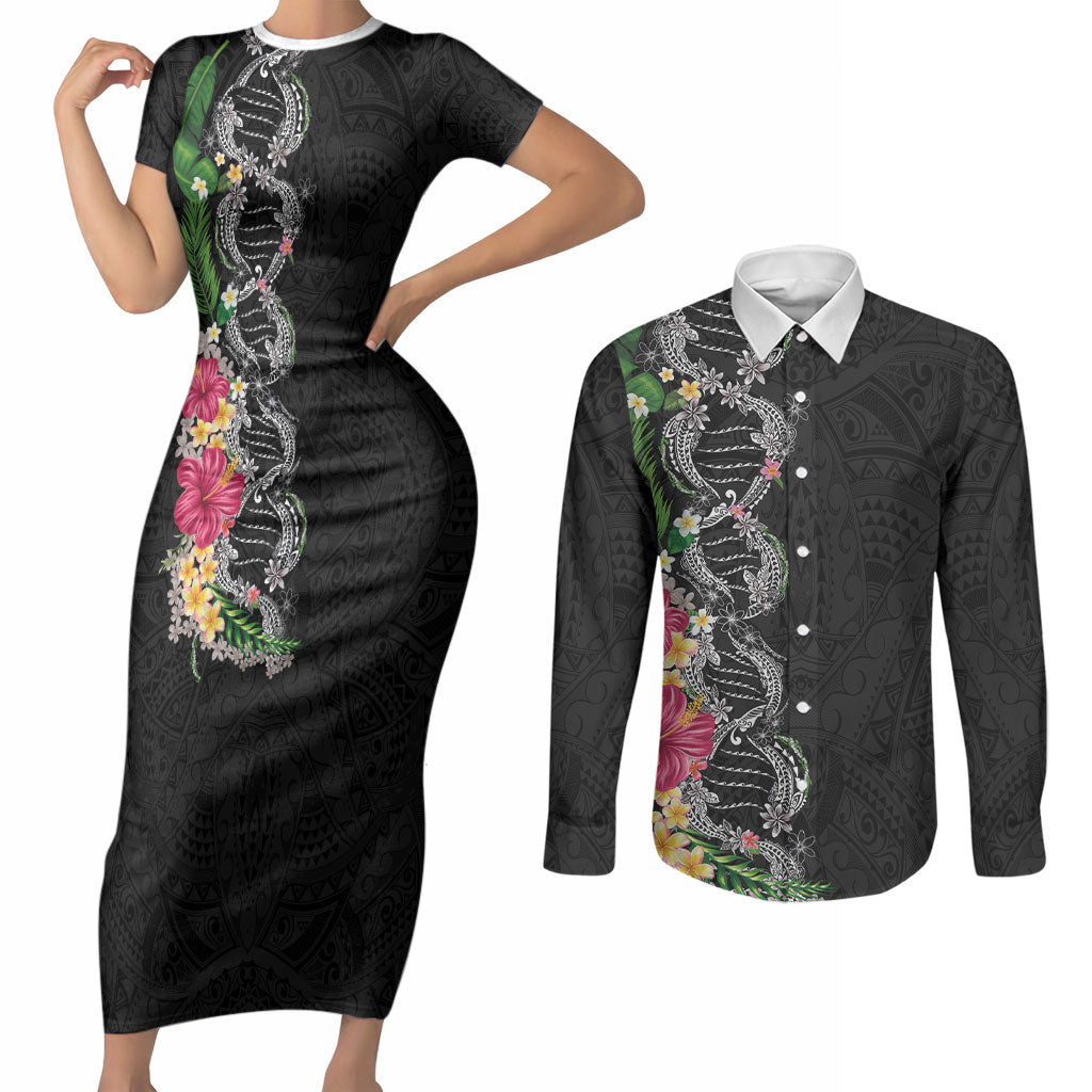 Hawaii DNA Kakau Tattoo Couples Matching Short Sleeve Bodycon Dress and Long Sleeve Button Shirt with Plumeria and Hibiscus Tropical Plants Black Color LT03 Black - Polynesian Pride