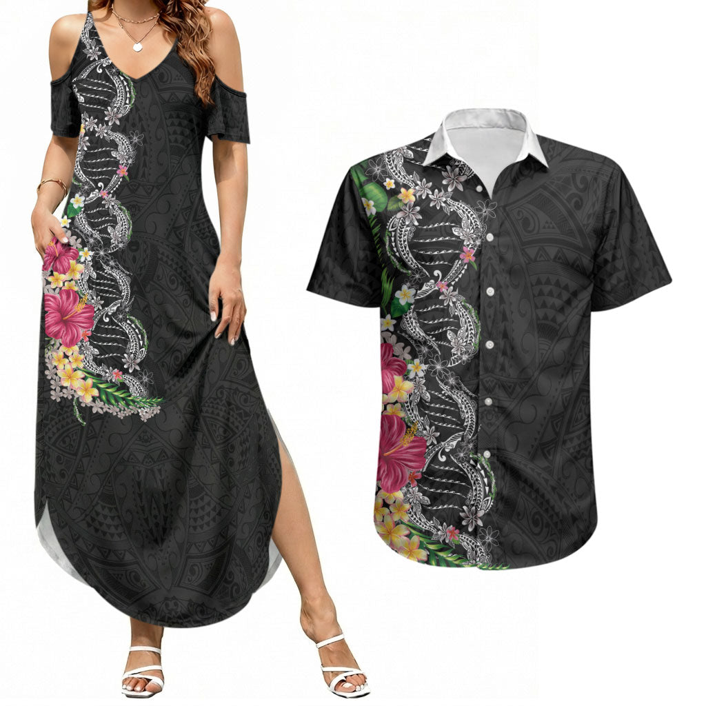 Hawaii DNA Kakau Tattoo Couples Matching Summer Maxi Dress and Hawaiian Shirt with Plumeria and Hibiscus Tropical Plants Black Color LT03 Black - Polynesian Pride