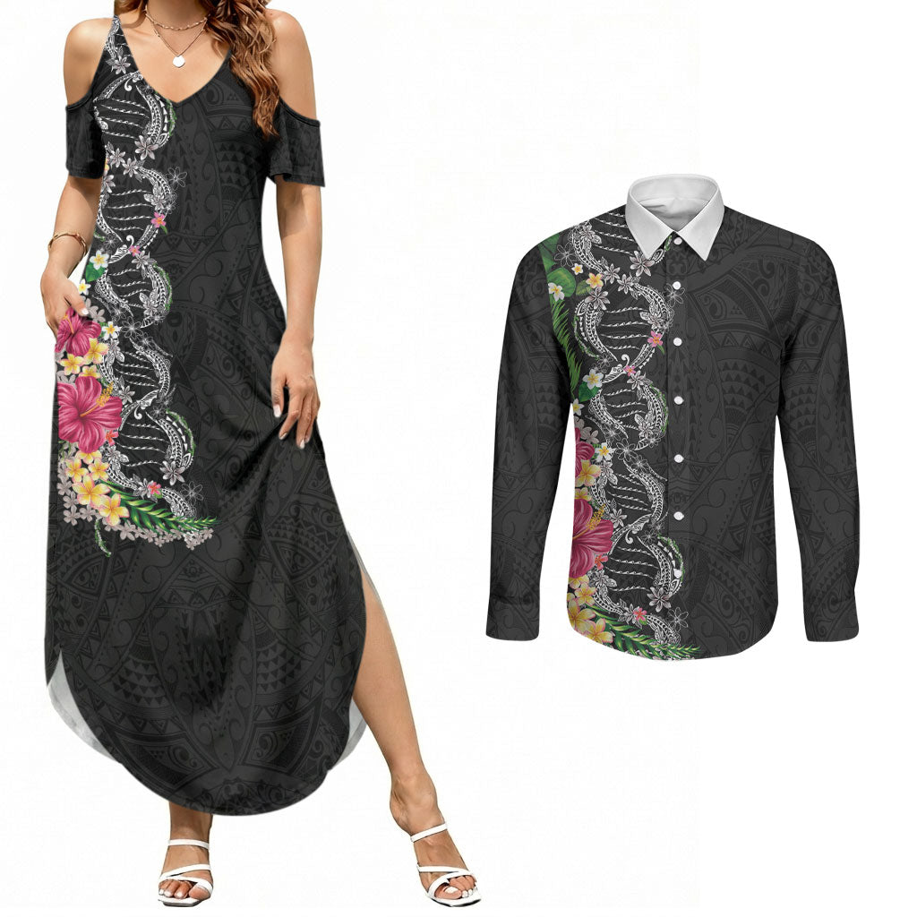 Hawaii DNA Kakau Tattoo Couples Matching Summer Maxi Dress and Long Sleeve Button Shirt with Plumeria and Hibiscus Tropical Plants Black Color LT03 Black - Polynesian Pride