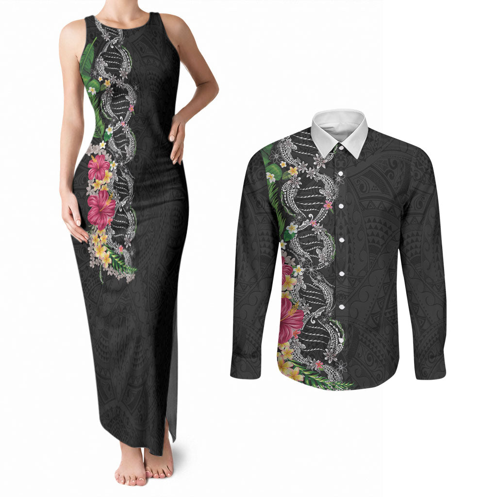 Hawaii DNA Kakau Tattoo Couples Matching Tank Maxi Dress and Long Sleeve Button Shirt with Plumeria and Hibiscus Tropical Plants Black Color LT03 Black - Polynesian Pride