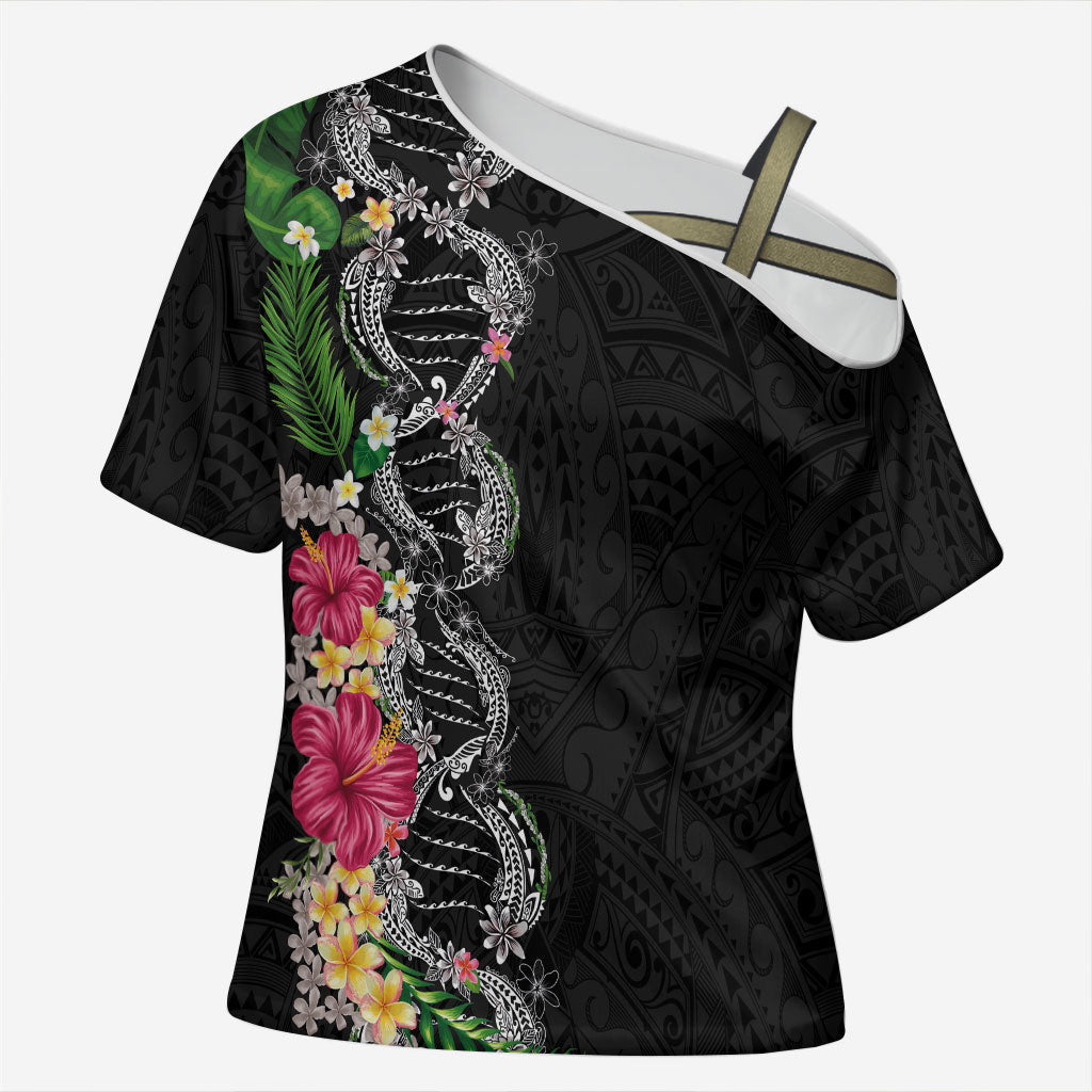Hawaii DNA Kakau Tattoo Cross Shoulder Shirt with Plumeria and Hibiscus Tropical Plants Black Color LT03 Female Black - Polynesian Pride