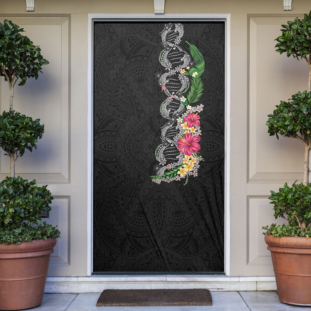 Hawaii DNA Kakau Tattoo Door Cover with Plumeria and Hibiscus Tropical Plants Black Color LT03 Black - Polynesian Pride