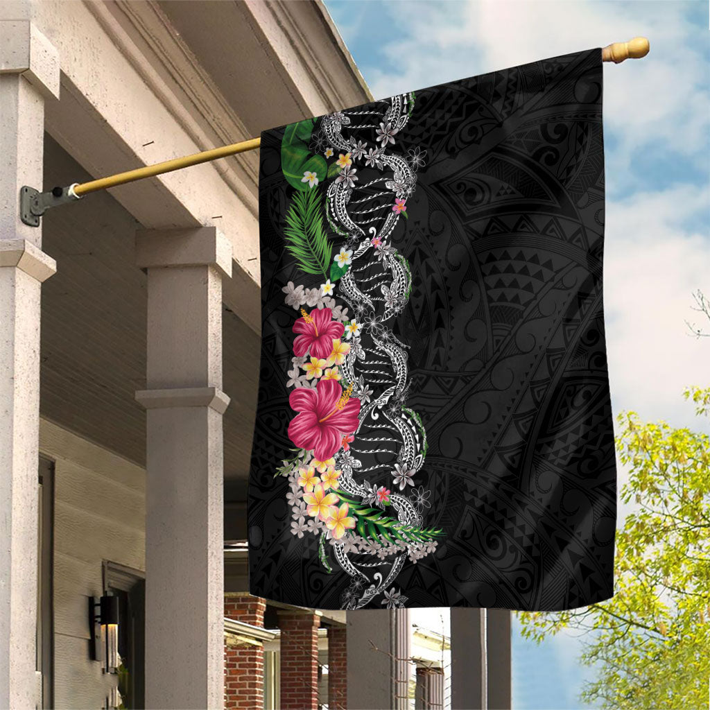 Hawaii DNA Kakau Tattoo Garden Flag with Plumeria and Hibiscus Tropical Plants Black Color LT03 House Flag Black - Polynesian Pride