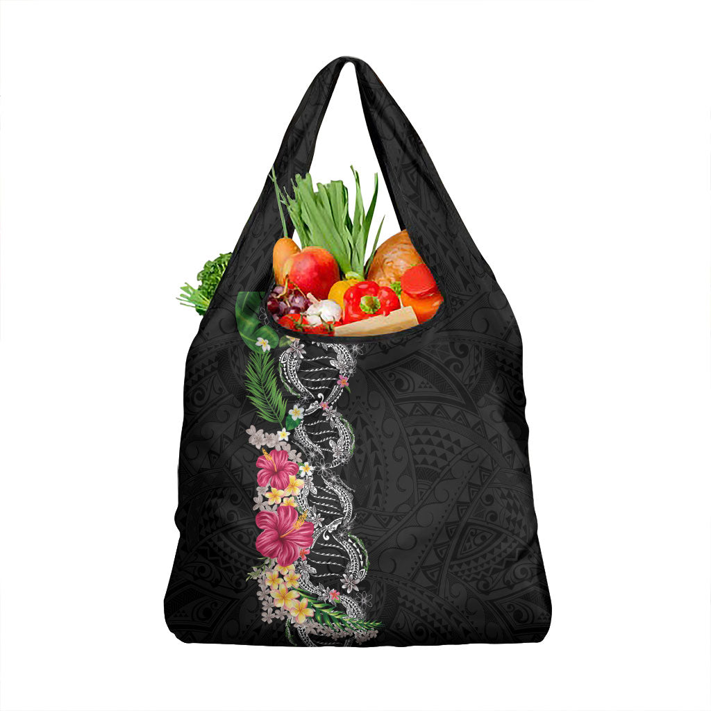 Hawaii DNA Kakau Tattoo Grocery Bag with Plumeria and Hibiscus Tropical Plants Black Color LT03 1-pack One Size Black - Polynesian Pride