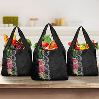 Hawaii DNA Kakau Tattoo Grocery Bag with Plumeria and Hibiscus Tropical Plants Black Color LT03 3-pack One Size Black - Polynesian Pride
