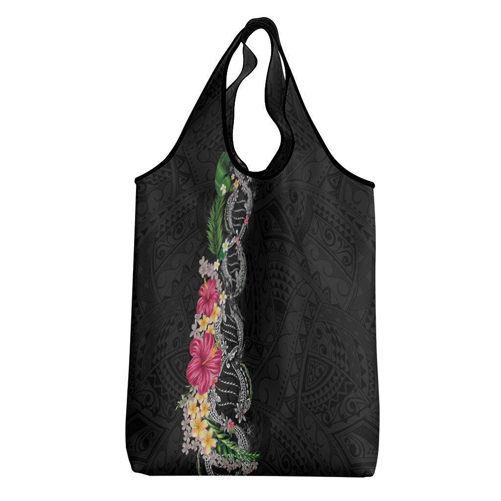 Hawaii DNA Kakau Tattoo Grocery Bag with Plumeria and Hibiscus Tropical Plants Black Color LT03 - Polynesian Pride
