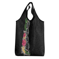 Hawaii DNA Kakau Tattoo Grocery Bag with Plumeria and Hibiscus Tropical Plants Black Color LT03 - Polynesian Pride
