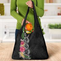 Hawaii DNA Kakau Tattoo Grocery Bag with Plumeria and Hibiscus Tropical Plants Black Color LT03 - Polynesian Pride