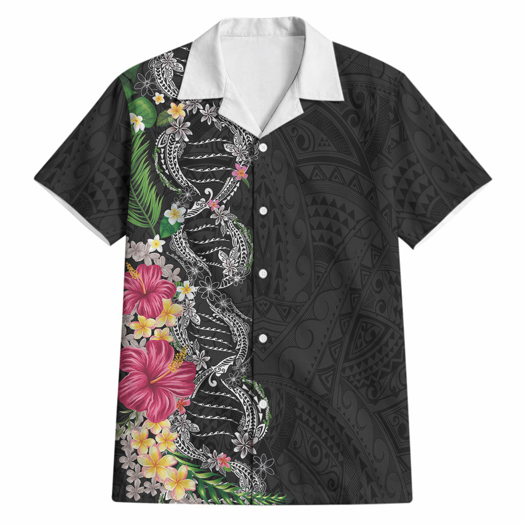 Hawaii DNA Kakau Tattoo Hawaiian Shirt with Plumeria and Hibiscus Tropical Plants Black Color LT03 Black - Polynesian Pride