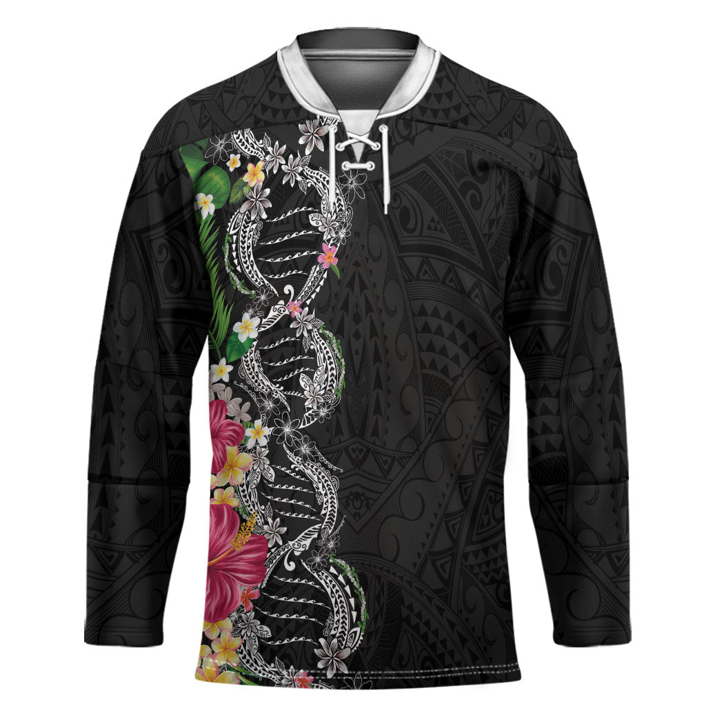 Hawaii DNA Kakau Tattoo Hockey Jersey with Plumeria and Hibiscus Tropical Plants Black Color LT03 Unisex Black - Polynesian Pride