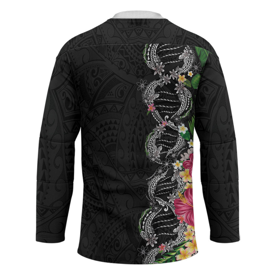 Hawaii DNA Kakau Tattoo Hockey Jersey with Plumeria and Hibiscus Tropical Plants Black Color
