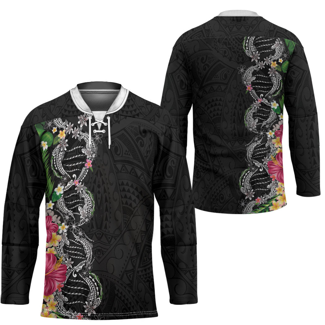 Hawaii DNA Kakau Tattoo Hockey Jersey with Plumeria and Hibiscus Tropical Plants Black Color