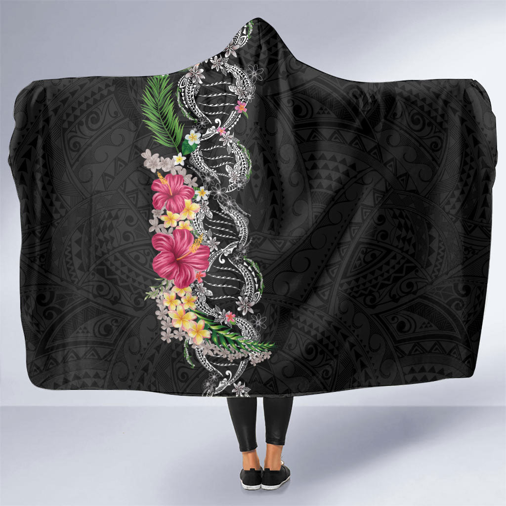 Hawaii DNA Kakau Tattoo Hooded Blanket with Plumeria and Hibiscus Tropical Plants Black Color LT03 One Size Black - Polynesian Pride