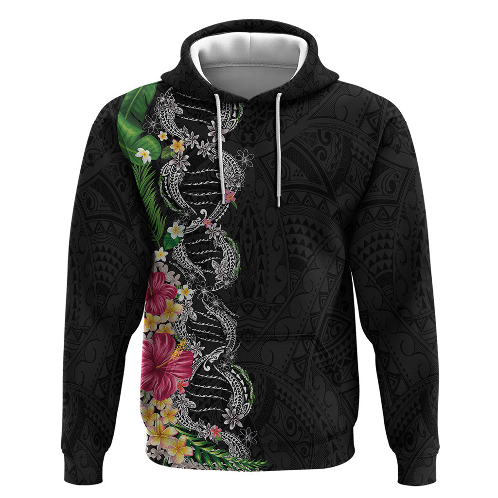 Hawaii DNA Kakau Tattoo Hoodie with Plumeria and Hibiscus Tropical Plants Black Color LT03 Pullover Hoodie Black - Polynesian Pride