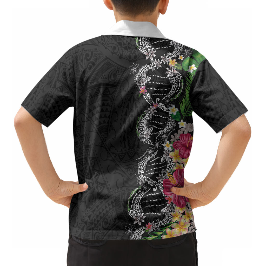 Hawaii DNA Kakau Tattoo Kid Hawaiian Shirt with Plumeria and Hibiscus Tropical Plants Black Color