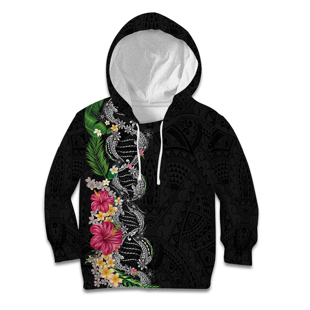 Hawaii DNA Kakau Tattoo Kid Hoodie with Plumeria and Hibiscus Tropical Plants Black Color LT03 Hoodie Black - Polynesian Pride