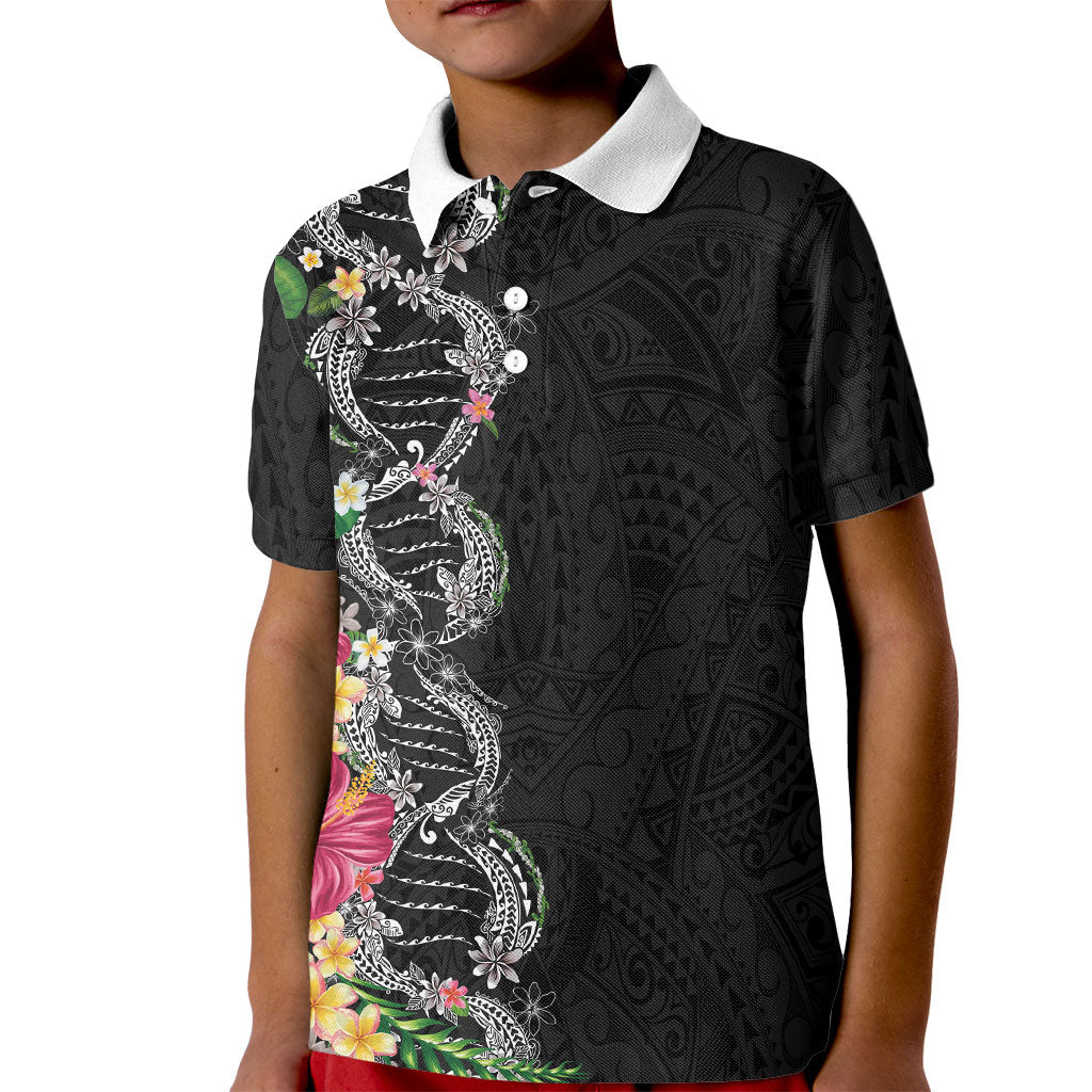 Hawaii DNA Kakau Tattoo Kid Polo Shirt with Plumeria and Hibiscus Tropical Plants Black Color LT03 Kid Black - Polynesian Pride