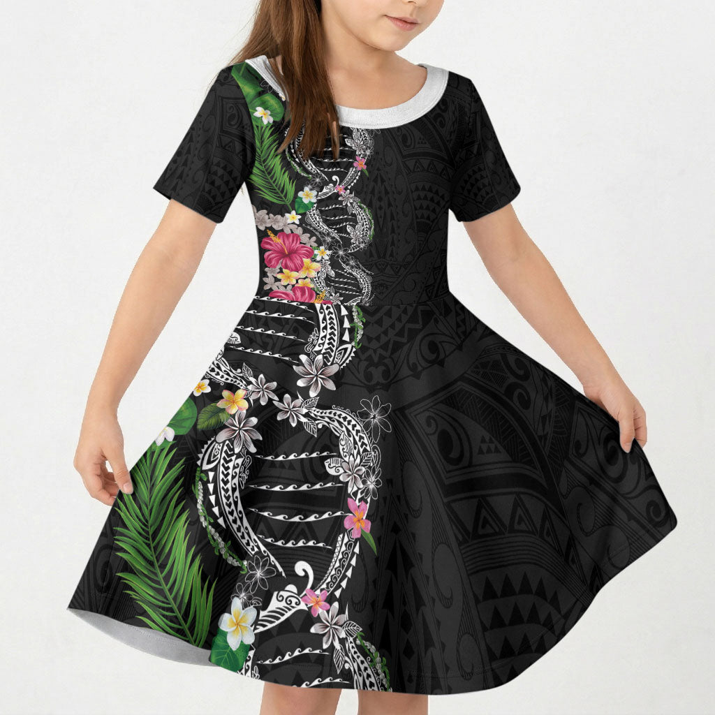 Hawaii DNA Kakau Tattoo Kid Short Sleeve Dress with Plumeria and Hibiscus Tropical Plants Black Color LT03 KID Black - Polynesian Pride