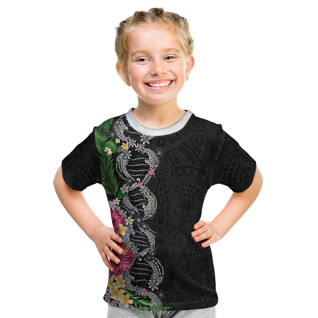 Hawaii DNA Kakau Tattoo Kid T Shirt with Plumeria and Hibiscus Tropical Plants Black Color LT03 Black - Polynesian Pride