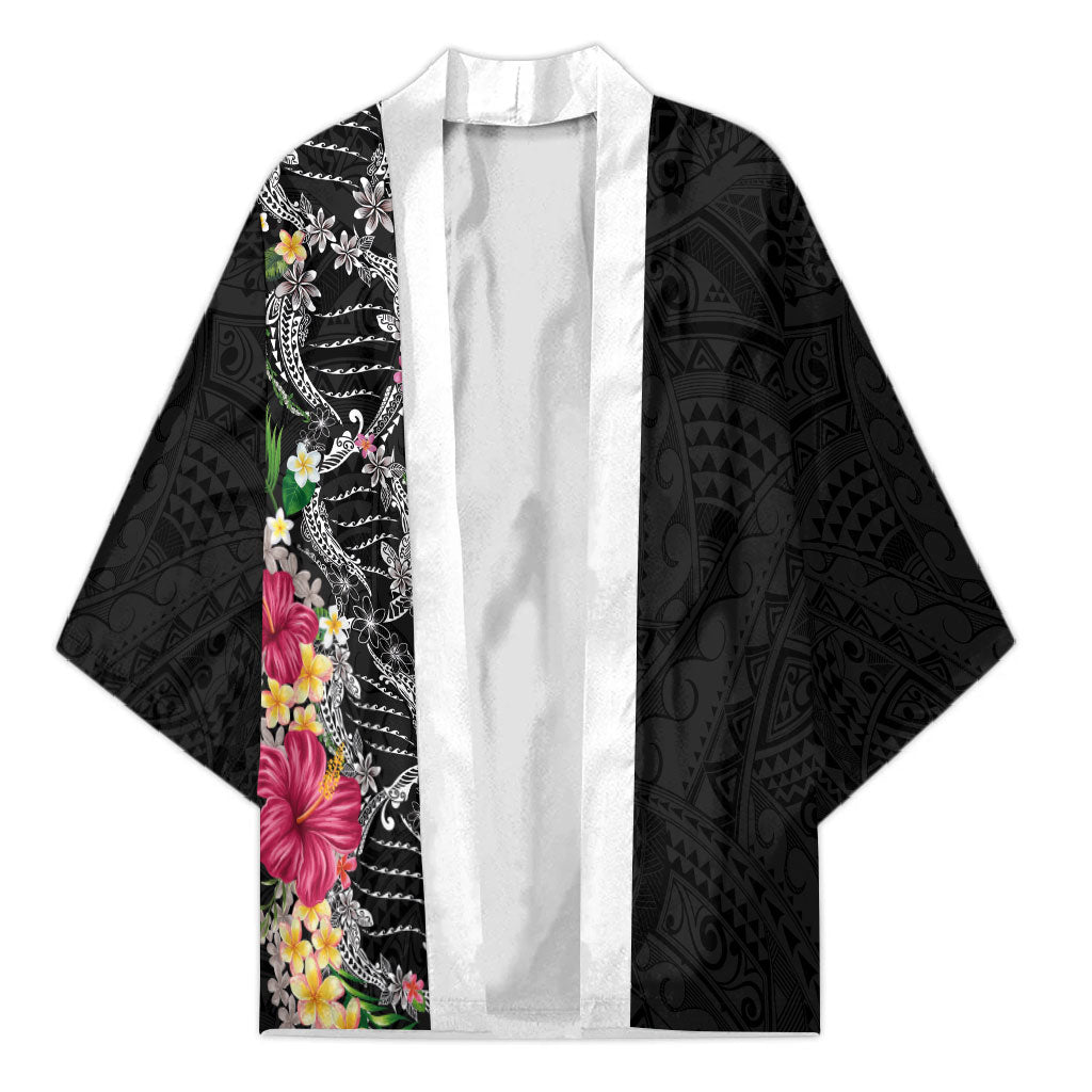 Hawaii DNA Kakau Tattoo Kimono with Plumeria and Hibiscus Tropical Plants Black Color LT03 Unisex Black - Polynesian Pride
