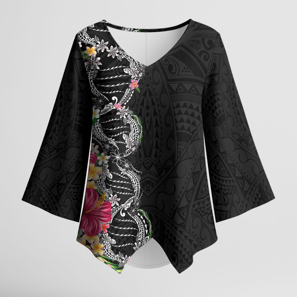 Hawaii DNA Kakau Tattoo Kimono Sleeve Blouse with Plumeria and Hibiscus Tropical Plants Black Color LT03 Female Black - Polynesian Pride