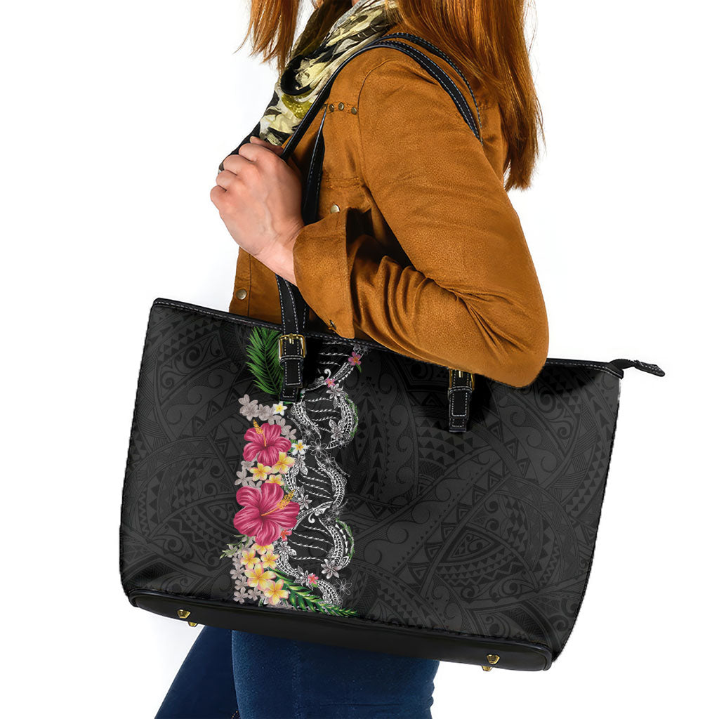 Hawaii DNA Kakau Tattoo Leather Tote Bag with Plumeria and Hibiscus Tropical Plants Black Color LT03 Black - Polynesian Pride