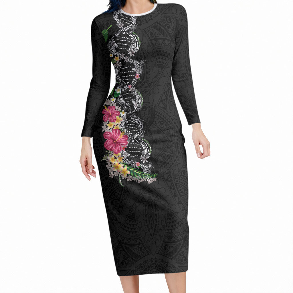 Hawaii DNA Kakau Tattoo Long Sleeve Bodycon Dress with Plumeria and Hibiscus Tropical Plants Black Color LT03 Long Dress Black - Polynesian Pride