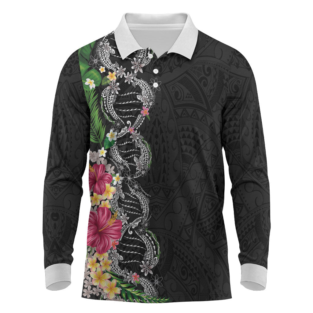 Hawaii DNA Kakau Tattoo Long Sleeve Polo Shirt with Plumeria and Hibiscus Tropical Plants Black Color LT03 Black - Polynesian Pride