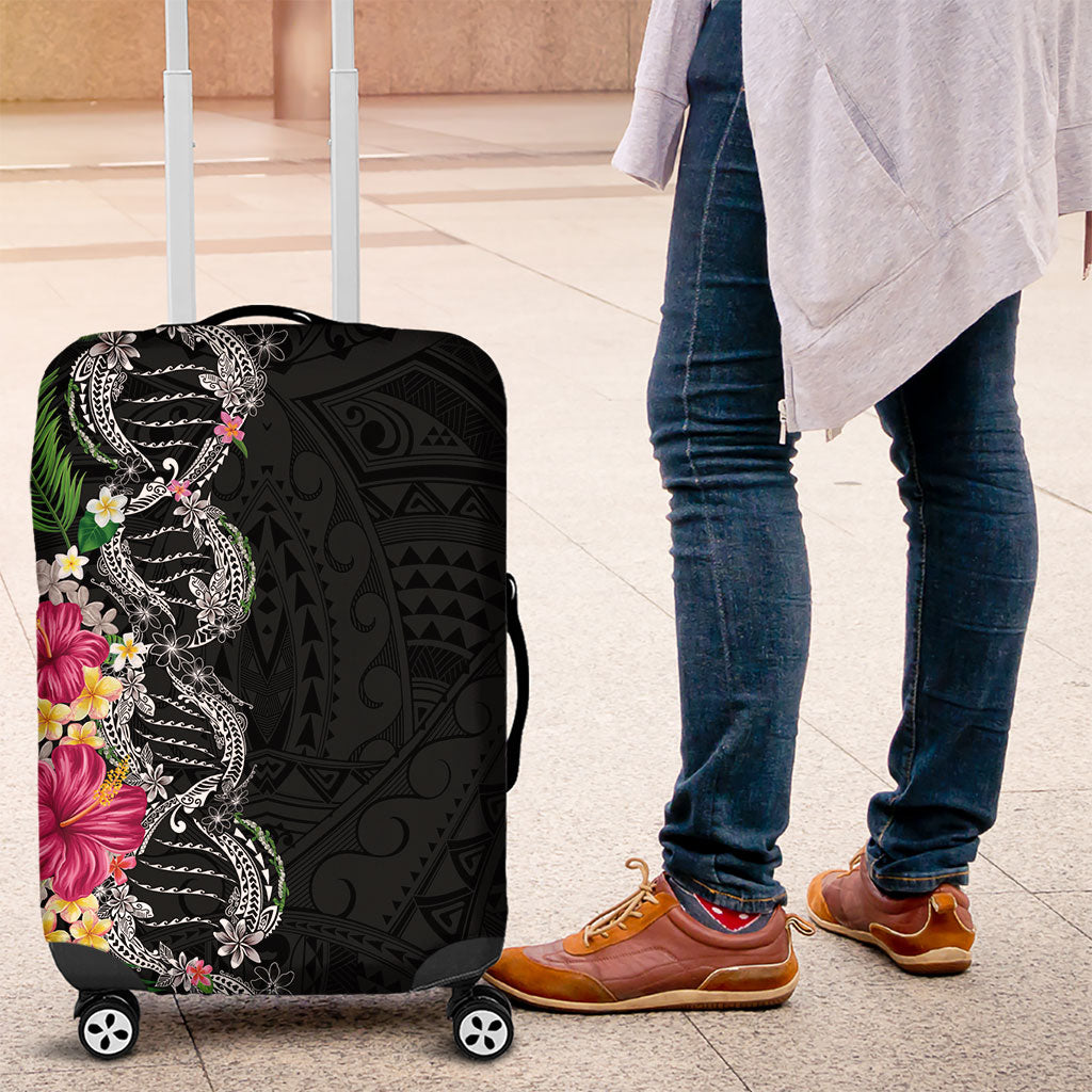 Hawaii DNA Kakau Tattoo Luggage Cover with Plumeria and Hibiscus Tropical Plants Black Color LT03 Black - Polynesian Pride
