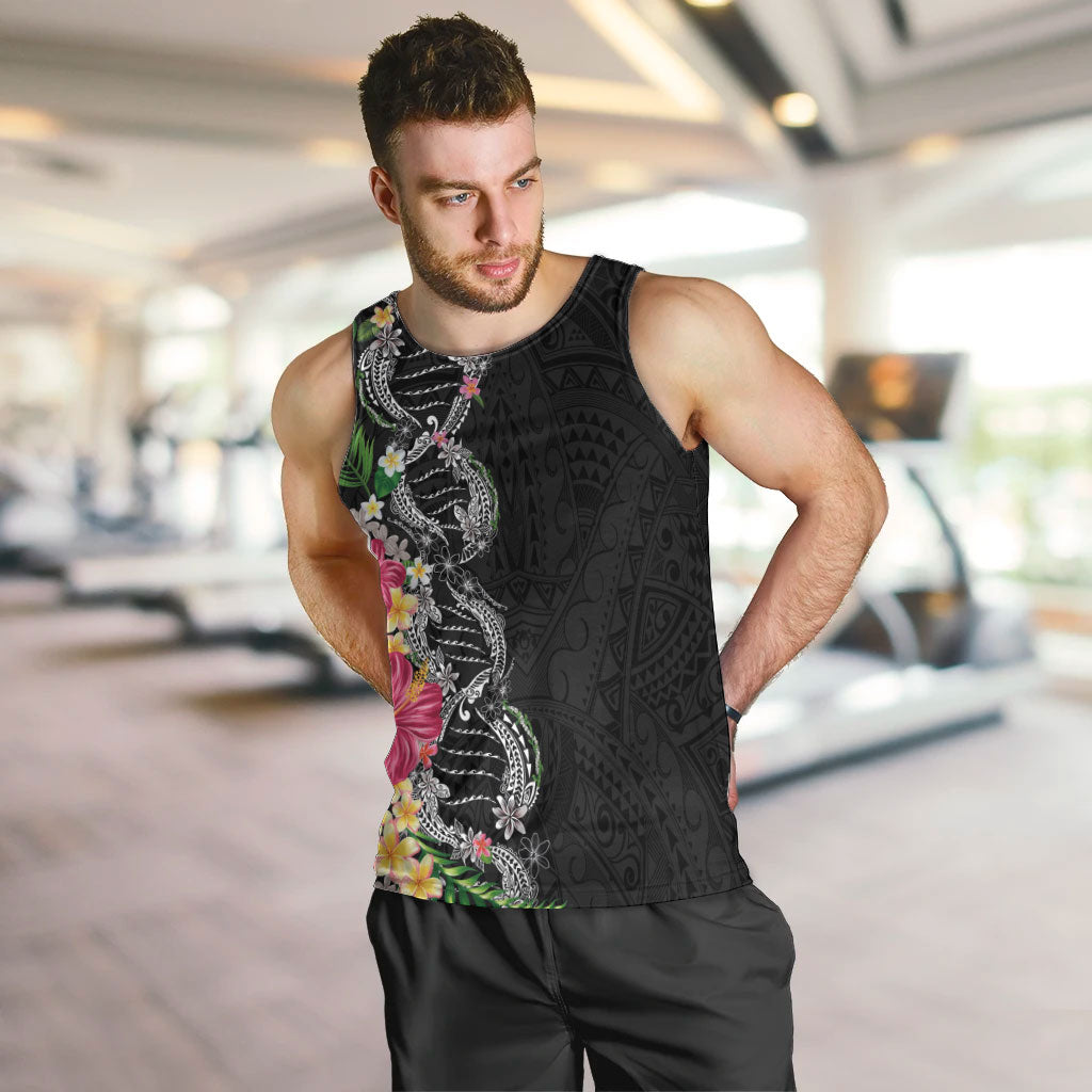 Hawaii DNA Kakau Tattoo Men Tank Top with Plumeria and Hibiscus Tropical Plants Black Color LT03 Black - Polynesian Pride