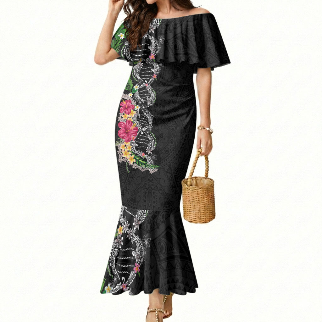 Hawaii DNA Kakau Tattoo Mermaid Dress with Plumeria and Hibiscus Tropical Plants Black Color LT03 Women Black - Polynesian Pride