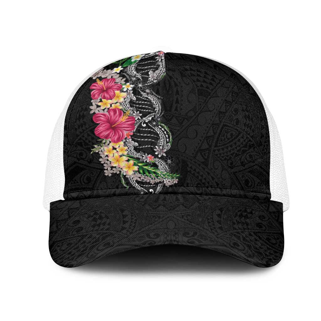 Hawaii DNA Kakau Tattoo Mesh Trucker Cap with Plumeria and Hibiscus Tropical Plants Black Color LT03 One Size White Black - Polynesian Pride